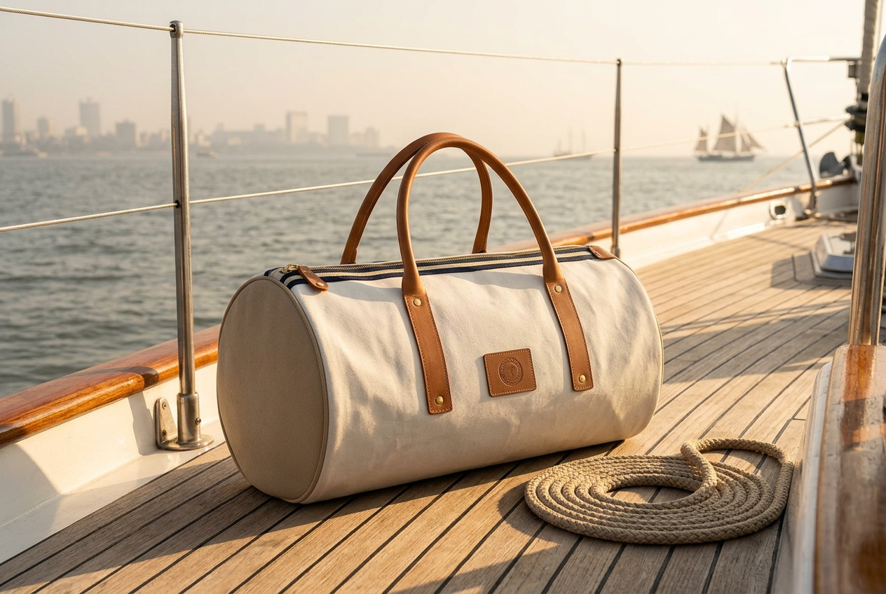Season II Passage Duffel concept advertisement on a dock