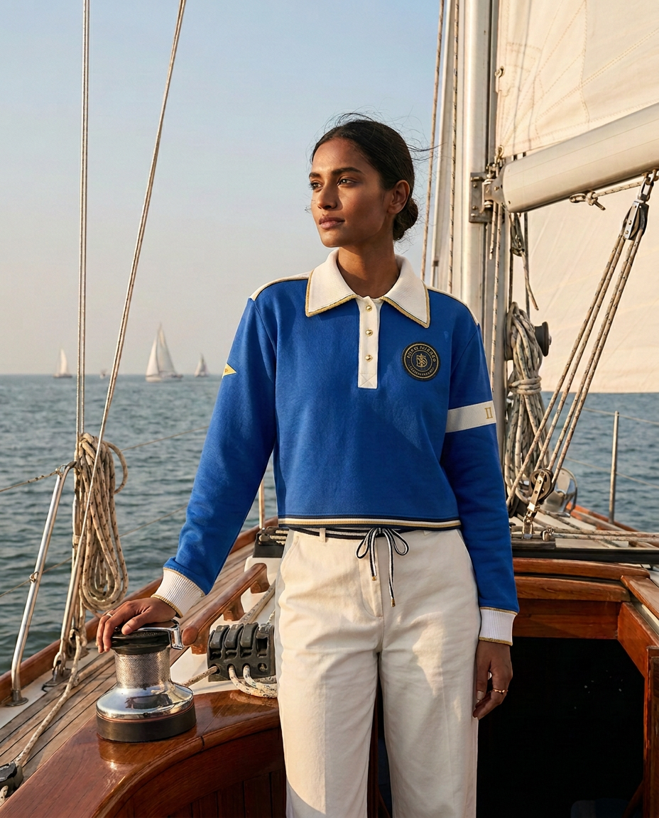 Season II Regatta Collar concept advertisement showing the royal blue shirt worn aboard a yacht